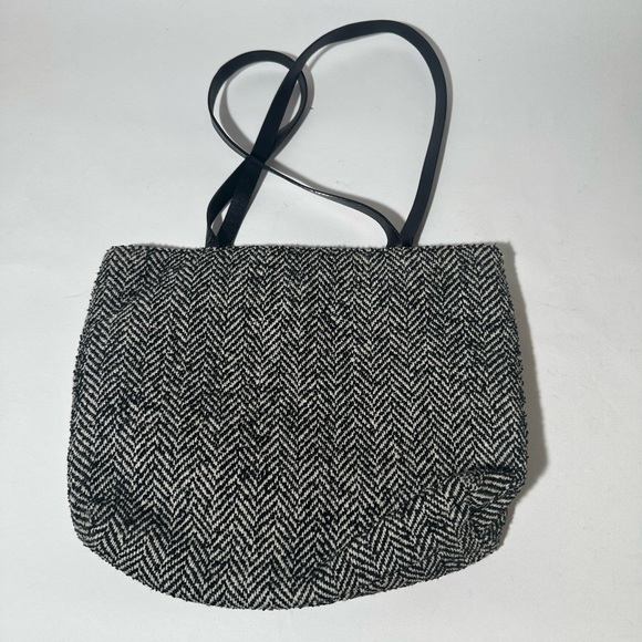 Black and White Tote with Textured Fabric and Long Handles - Picture 3 of 4